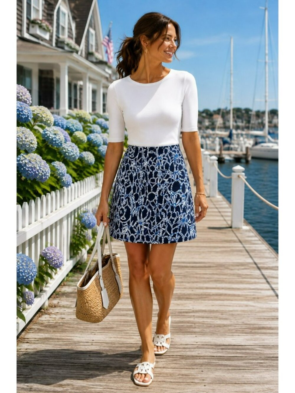 Lilly Pulitzer Bamboo Print A-Line Skirt Blue & White Rayon Spandex Womens Mediu